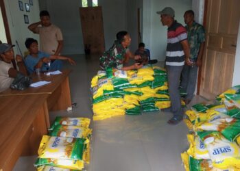 Dukung program gerakan pangan murah, bainsa koramil 02 / Bebesen jual beras SPHP di desa binaan.